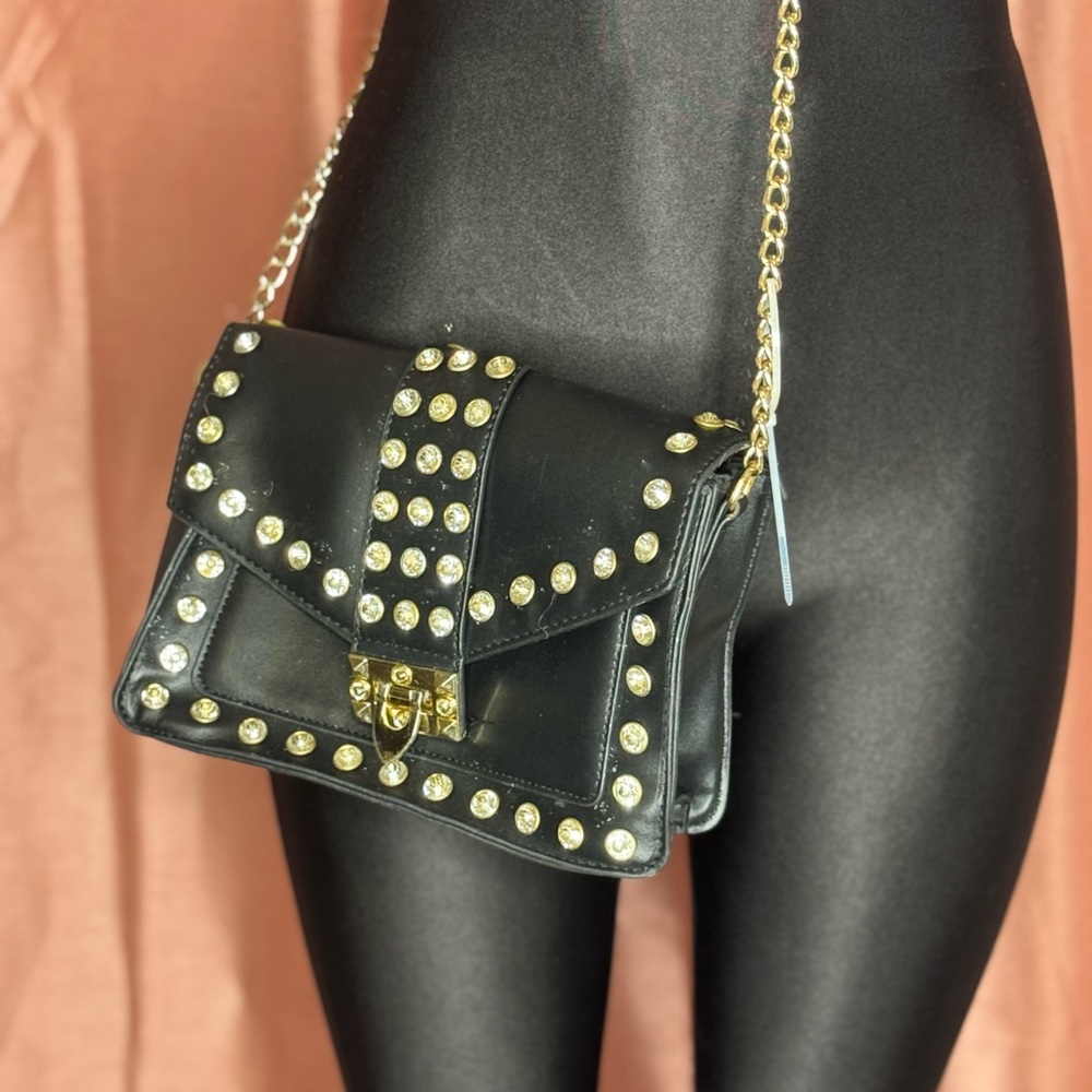 Studded Black Crossbody Bag with Gold Chain